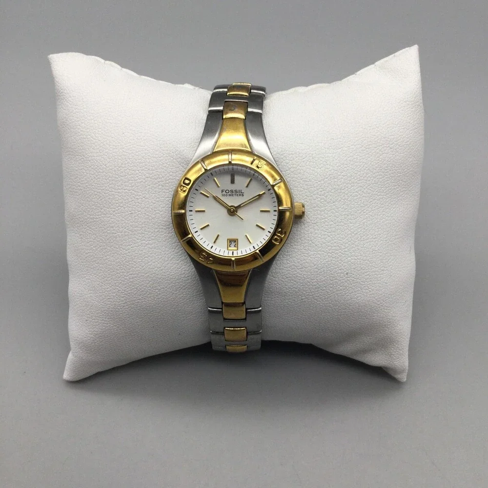 Fossil Blue 100M Womens Watch 25mm White Dial Two Tone Date New Battery 6.25